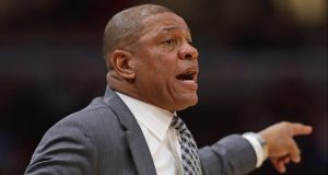 CHICAGO, ILLINOIS - DECEMBER 14: Head coach Doc Rivers gives instructions to his team against the Chicago Bulls at the United Center on December 14, 2019 in Chicago, Illinois. The Bulls defeated the Clippers 109-106. NOTE TO USER: User expressly acknowledges and agrees that , by downloading and or using this photograph, User is consenting to the terms and conditions of the Getty Images License Agreement.