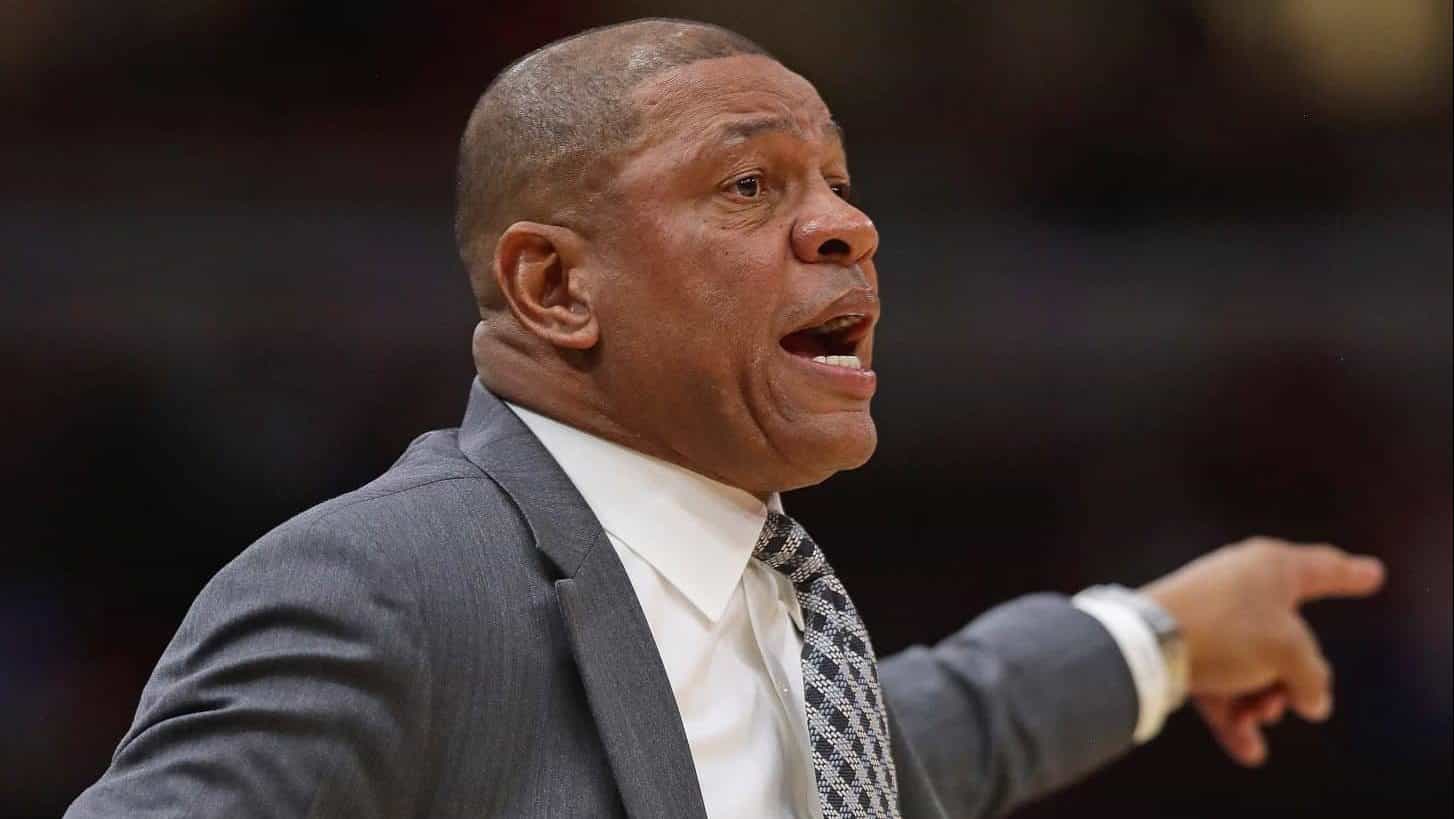 CHICAGO, ILLINOIS - DECEMBER 14: Head coach Doc Rivers gives instructions to his team against the Chicago Bulls at the United Center on December 14, 2019 in Chicago, Illinois. The Bulls defeated the Clippers 109-106. NOTE TO USER: User expressly acknowledges and agrees that , by downloading and or using this photograph, User is consenting to the terms and conditions of the Getty Images License Agreement.