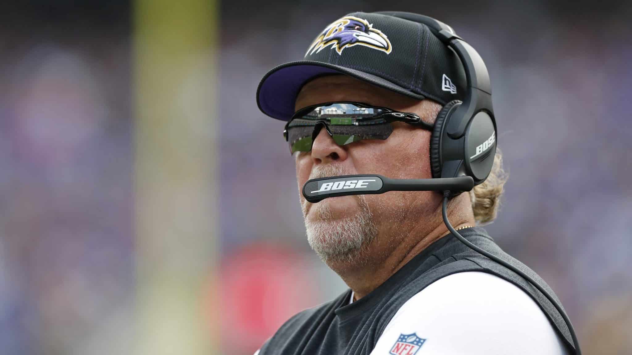 BALTIMORE, MARYLAND - SEPTEMBER 29: Baltimore Ravens Defensive Coordinator Don Martindale looks on from the sidelines during the first half against the Cleveland Browns at M&T Bank Stadium on September 29, 2019 in Baltimore, Maryland.