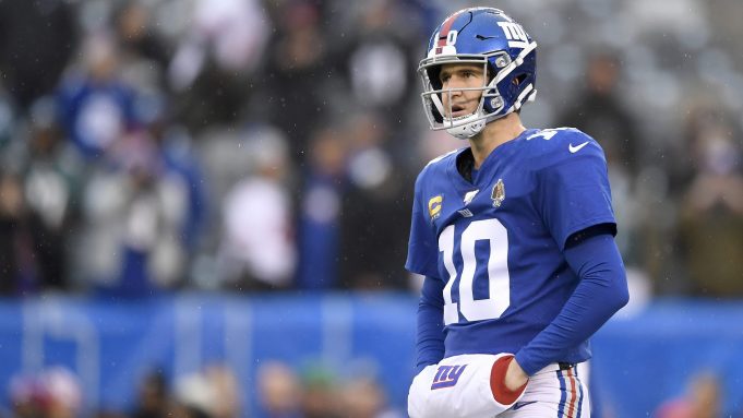 EAST RUTHERFORD, NEW JERSEY - DECEMBER 29: Eli Manning #10 of the New York Giants looks on prior to the game against the Philadelphia Eagles at MetLife Stadium on December 29, 2019 in East Rutherford, New Jersey.