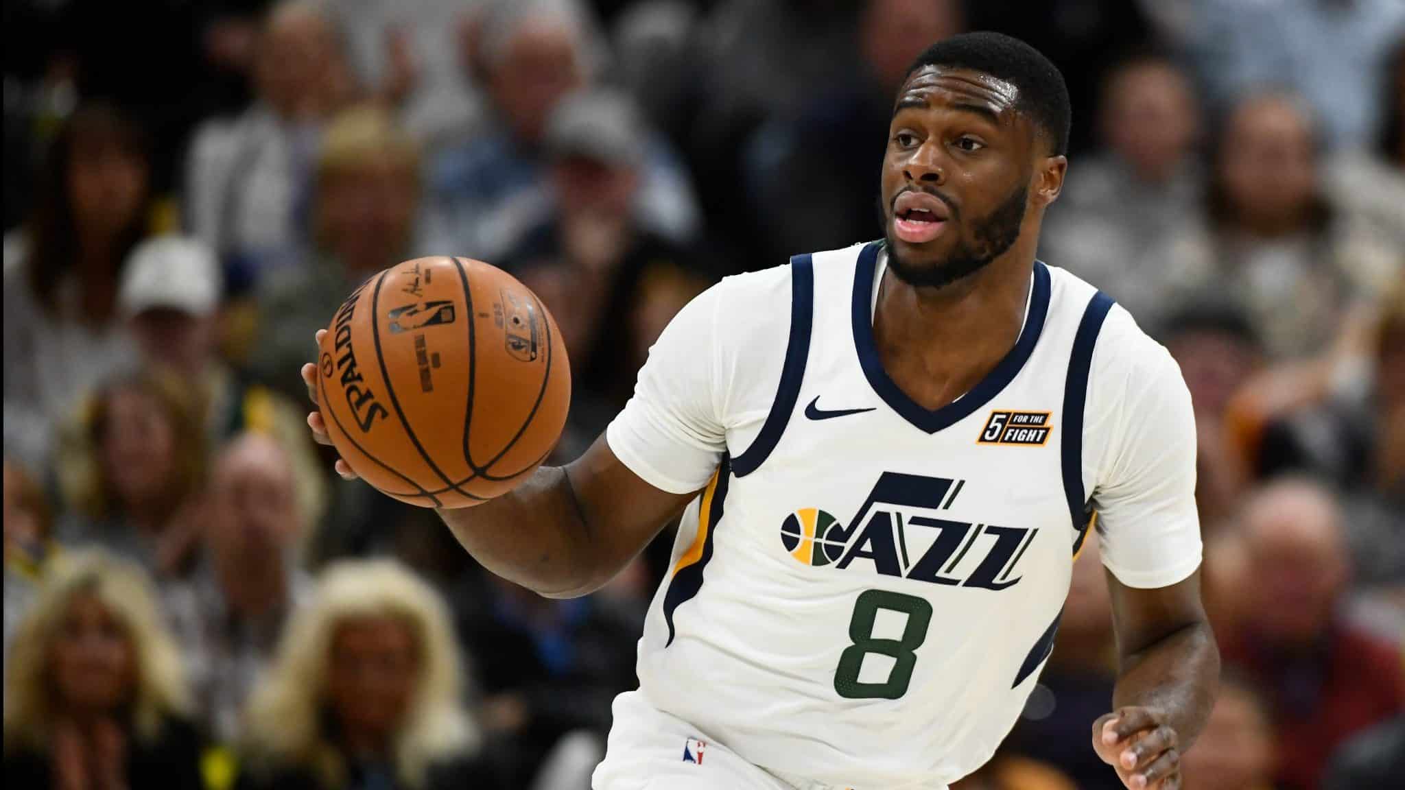 SALT LAKE CITY, UT - OCTOBER 23: Emmanuel Mudiay #8 of the Utah Jazz in action during a opening night game against the Oklahoma City Thunder at Vivint Smart Home Arena on October 23, 2019 in Salt Lake City, Utah. NOTE TO USER: User expressly acknowledges and agrees that, by downloading and or using this photograph, User is consenting to the terms and conditions of the Getty Images License Agreement.
