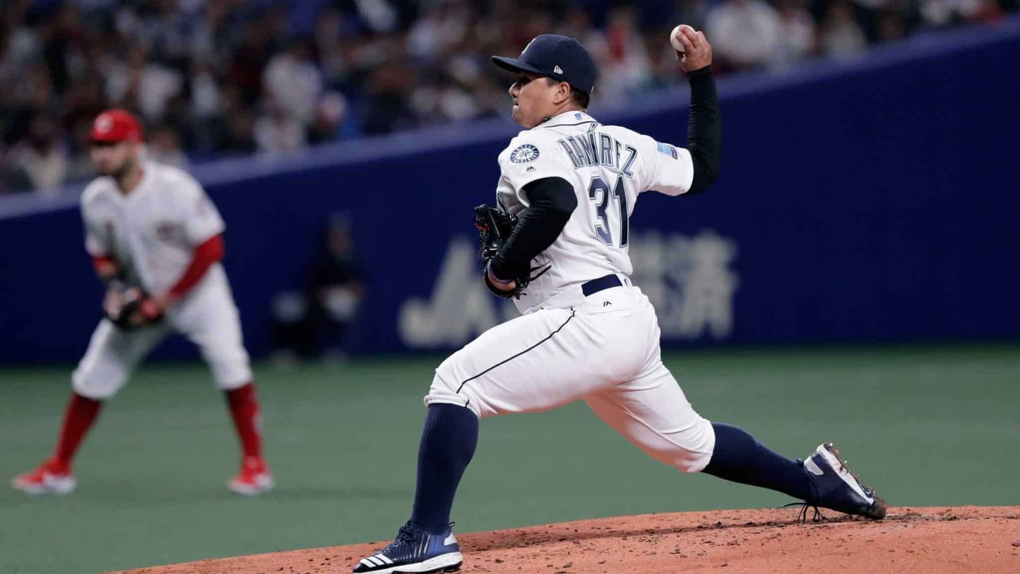 NAGOYA, JAPAN - NOVEMBER 15: Pitcher Erasmo Ramirez #31 of the Seattle Mariners throws in the top of 2nd inning during the game six between Japan and MLB All Stars at Nagoya Dome on November 15, 2018 in Nagoya, Aichi, Japan.
