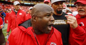 KANSAS CITY, MO - OCTOBER 7: Eric Bieniemy, offensive coordinator with the Kansas City Chiefs, shouted at a Jacksonville Jaguars player in anger as words were exchanged between the two teams in the Chiefs' 30-14 win in Kansas City, Missouri.