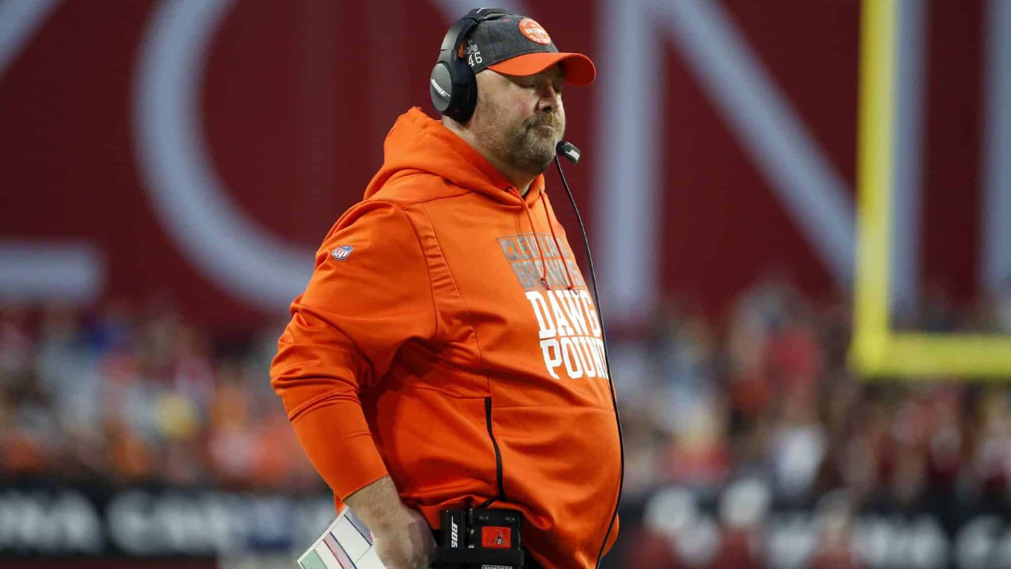 GLENDALE, ARIZONA - DECEMBER 15: Head coach Freddie Kitchens of the Cleveland Browns reacts after a play against the Arizona Cardinals during the second half of the NFL football game at State Farm Stadium on December 15, 2019 in Glendale, Arizona. The Cardinals defeated the Browns 38-24.