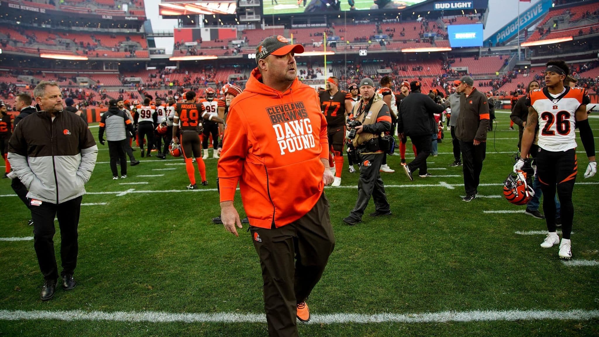CLEVELAND, OH - DECEMBER 8: Head coach Freddie Kitchens of the Cleveland Browns walks off of the field after the game against the Cincinnati Bengals at FirstEnergy Stadium on December 8, 2019 in Cleveland, Ohio. Cleveland defeated Cincinnati 27-19.