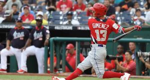 WASHINGTON, DC - JULY 15: Andres Gimenez #13 at bat during the SiriusXM All-Star Futures Game at Nationals Park on July 15, 2018 in Washington, DC.