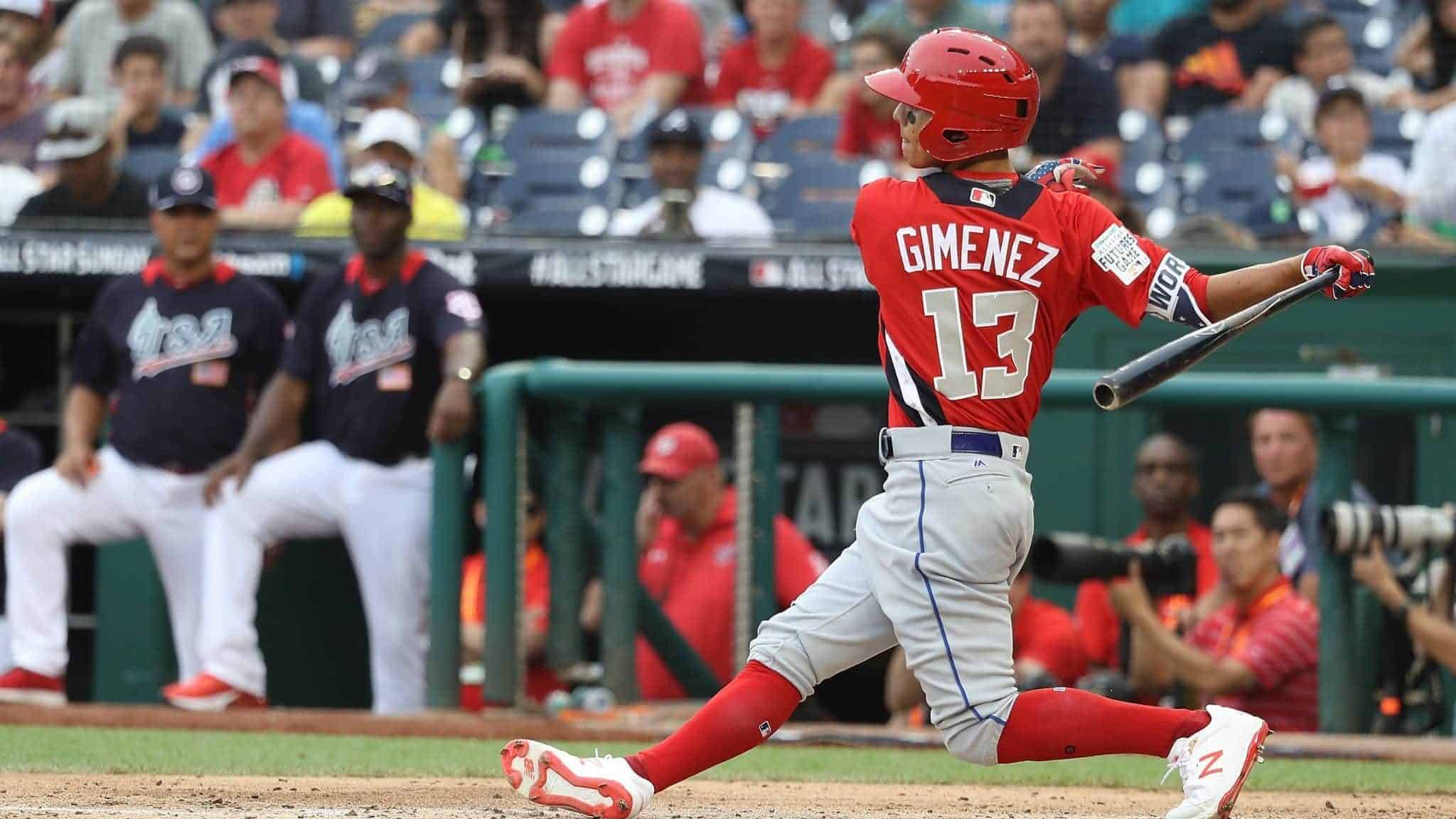 WASHINGTON, DC - JULY 15: Andres Gimenez #13 at bat during the SiriusXM All-Star Futures Game at Nationals Park on July 15, 2018 in Washington, DC.