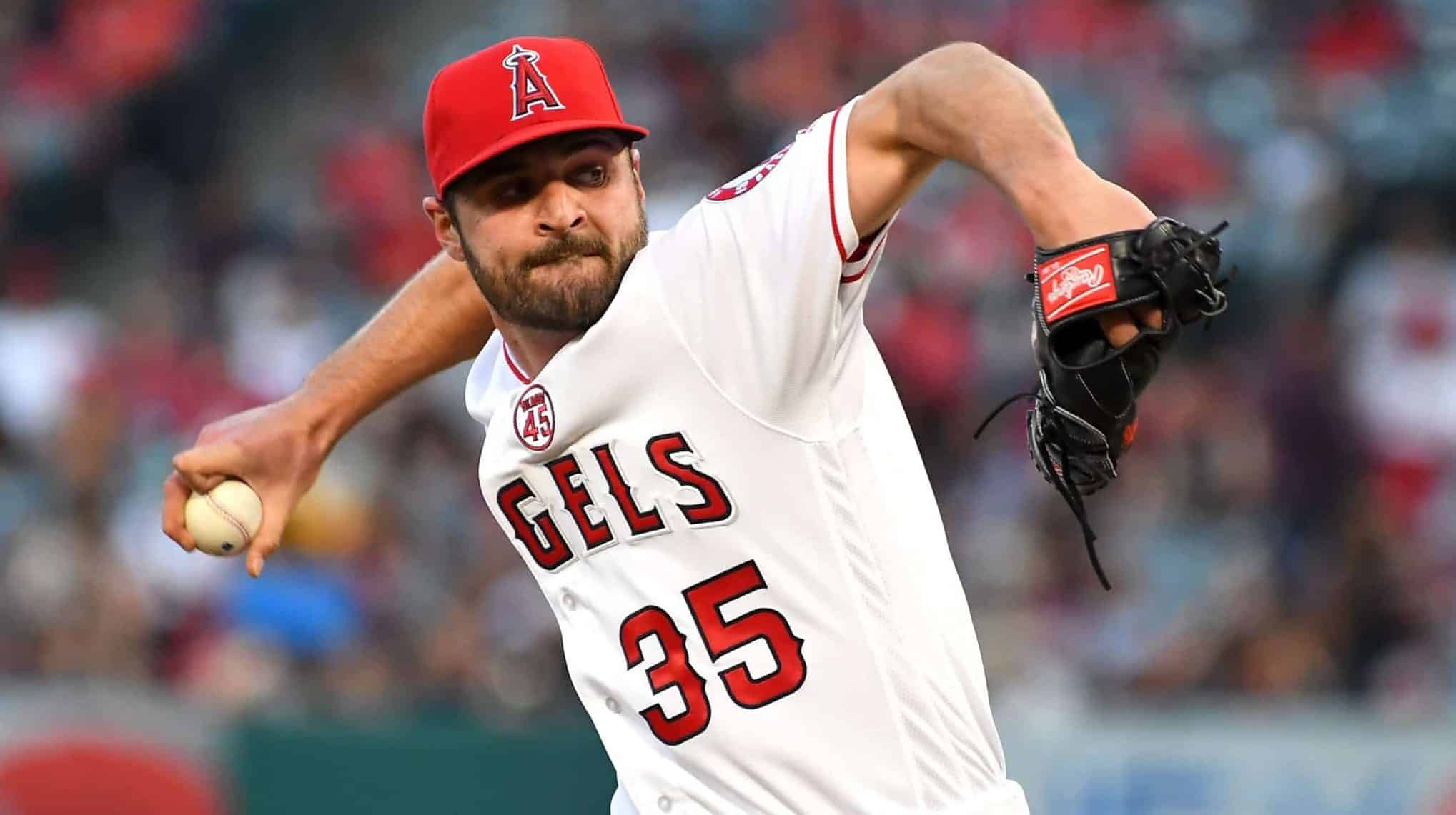 ANAHEIM, CA - JULY 26: Nick Tropeano #35 of the Los Angeles Angels pitches in the first inning of the game against the Baltimore Orioles at Angel Stadium of Anaheim on July 26, 2019 in Anaheim, California.