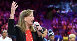 LAS VEGAS, NEVADA - JULY 27: WNBA Commissioner Cathy Engelbert speaks on the court after the WNBA All-Star Game 2019 at the Mandalay Bay Events Center on July 27, 2019 in Las Vegas, Nevada. Team Wilson defeated Team Delle Donne 129-126. NOTE TO USER: User expressly acknowledges and agrees that, by downloading and or using this photograph, User is consenting to the terms and conditions of the Getty Images License Agreement.