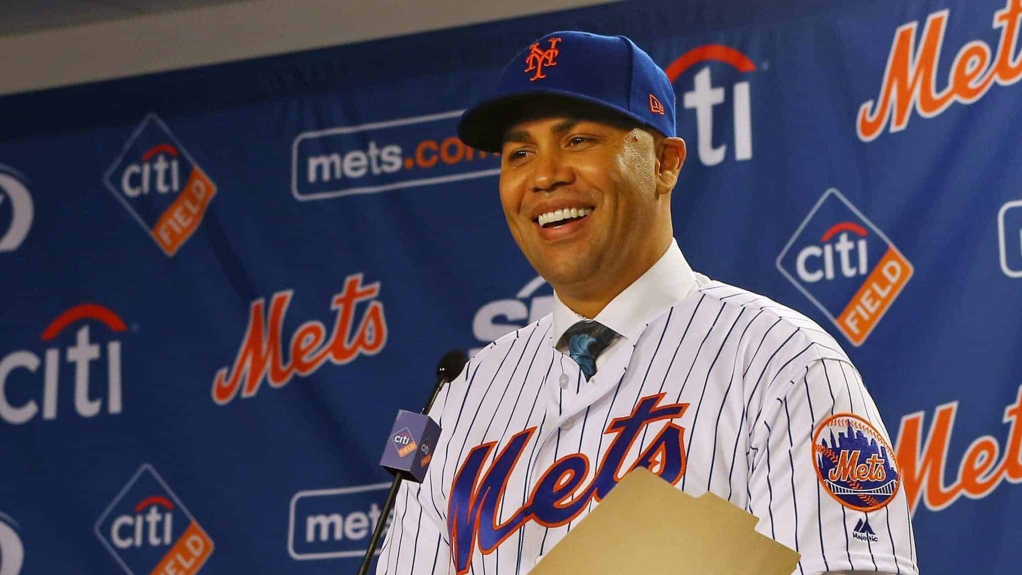 NEW YORK, NY - NOVEMBER 04: Carlos Beltran talks after being introduced as manager of the New York Mets during a press conference at Citi Field on November 4, 2019 in New York City.