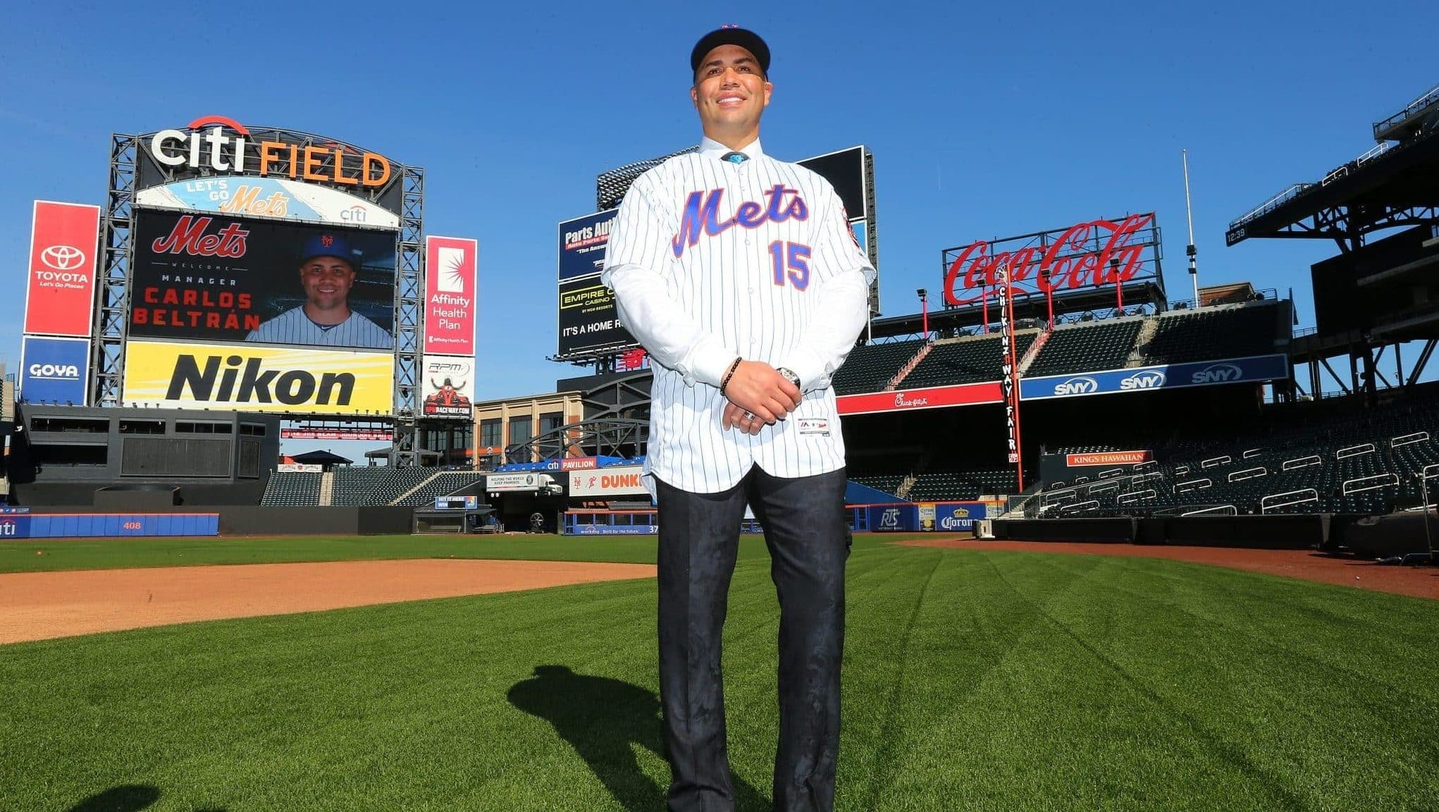 NEW YORK, NY - NOVEMBER 04: Carlos Beltran poses for pictures after being introduced as the next manager of the New York Mets during a press conference at Citi Field on November 4, 2019 in New York City.