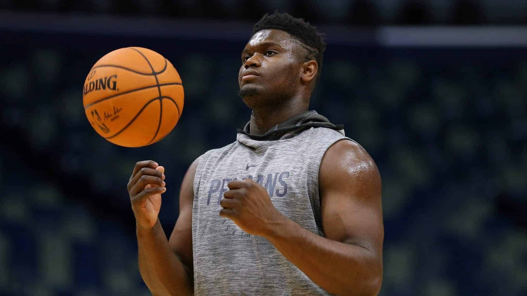 NEW ORLEANS, LOUISIANA - OCTOBER 11: Zion Williamson #1 of the New Orleans Pelicans warms up before a preseason game against the Utah Jazz at the Smoothie King Center on October 11, 2019 in New Orleans, Louisiana.