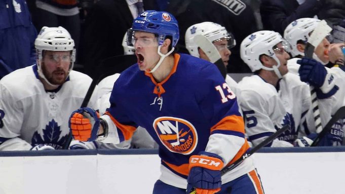 UNIONDALE, NEW YORK - NOVEMBER 13: Mathew Barzal #13 of the New York Islanders celebrates his first period goal against the Toronto Maple Leafs at NYCB Live's Nassau Coliseum on November 13, 2019 in Uniondale, New York.