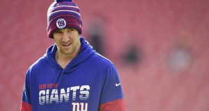 LANDOVER, MD - DECEMBER 22: Eli Manning #10 of the New York Giants looks on during warmups before a game against the Washington Redskins at FedExField on December 22, 2019 in Landover, Maryland.