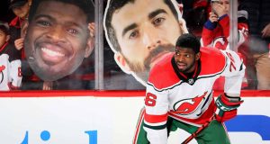 NEWARK, NEW JERSEY - NOVEMBER 30: P.K. Subban #76 of the New Jersey Devils stands near a giant cutout of his and teammate Kyle Palmieri's head during warm ups before the game against the New York Rangers at Prudential Center on November 30, 2019 in Newark, New Jersey.