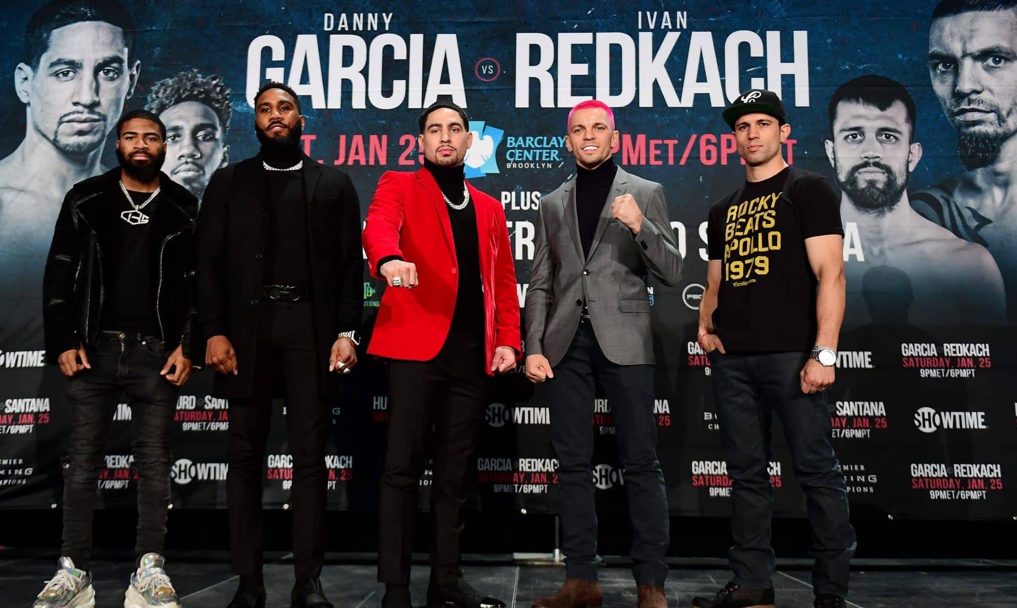 NEW YORK, NEW YORK - DECEMBER 18: Stephen Fulton, Jarrett Hurd, Danny Garcia, Ivan Redkach, and Francisco Santana pose for a photo during a press conference at Barclays Center on December 18, 2019 in New York City. Danny Garcia of the United States and Ivan Redkach of Ukraine will headline this event on January 25 at Barclays Center.