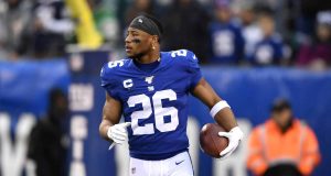 EAST RUTHERFORD, NEW JERSEY - DECEMBER 29: Saquon Barkley #26 of the New York Giants warms up prior to the game against the Philadelphia Eagles at MetLife Stadium on December 29, 2019 in East Rutherford, New Jersey.