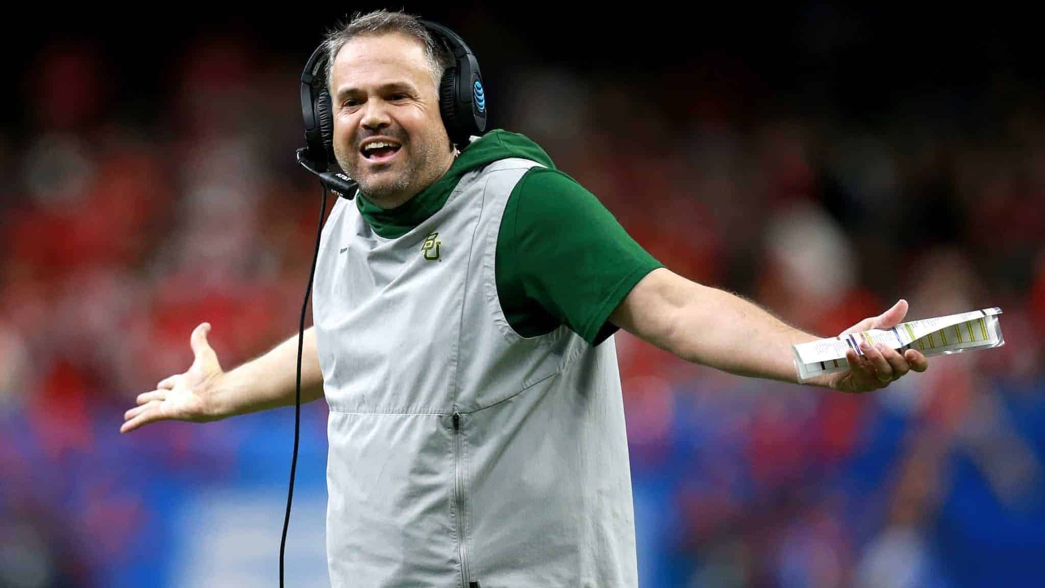 NEW ORLEANS, LOUISIANA - JANUARY 01: Head coach Matt Rhule of the Baylor Bears looks on during the Allstate Sugar Bowl against the Georgia Bulldogs at Mercedes Benz Superdome on January 01, 2020 in New Orleans, Louisiana.