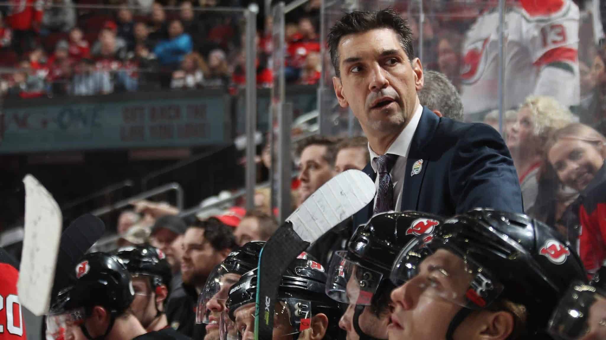 NEWARK, NEW JERSEY - JANUARY 04: Alain Nasreddine, head coach of the New Jersey Devils works the game against the Colorado Avalanche at the Prudential Center on January 04, 2020 in Newark, New Jersey.