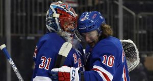 NEW YORK, NEW YORK - JANUARY 07: Igor Shesterkin #31 of the New York Rangers celebrates his 5-3 victory in his first NHL game against the Colorado Avalanche and is hugged by Artemi Panarin #10 at Madison Square Garden on January 07, 2020 in New York City.