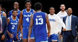 INDIANAPOLIS, IN - JANUARY 15: Seton Hall Pirates players react at the end of the game against the Butler Bulldogs at Hinkle Fieldhouse on January 15, 2020 in Indianapolis, Indiana. Seton Hall defeated Butler 78-70.