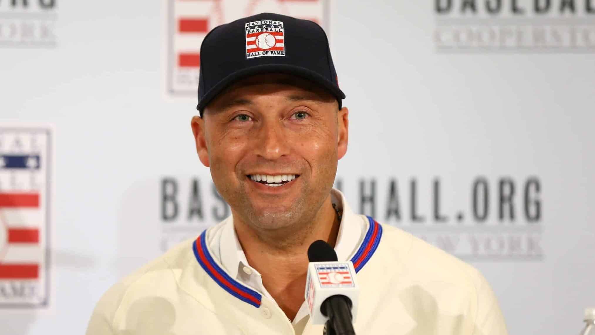 NEW YORK, NEW YORK - JANUARY 22: Derek Jeter speaks to the media after being elected into the National Baseball Hall of Fame Class of 2020 on January 22, 2020 at the St. Regis Hotel in New York City. The National Baseball Hall of Fame induction ceremony will be held on Sunday, July 26, 2020 in Cooperstown, NY.