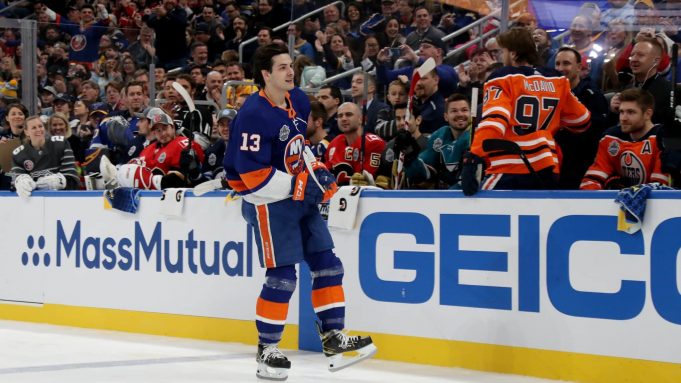 ST LOUIS, MISSOURI - JANUARY 24: Mathew Barzal #13 of the New York Islanders reacts after competing in the Bridgestone NHL Fastest Skater during the 2020 NHL All-Star Skills Competition at Enterprise Center on January 24, 2020 in St Louis, Missouri.