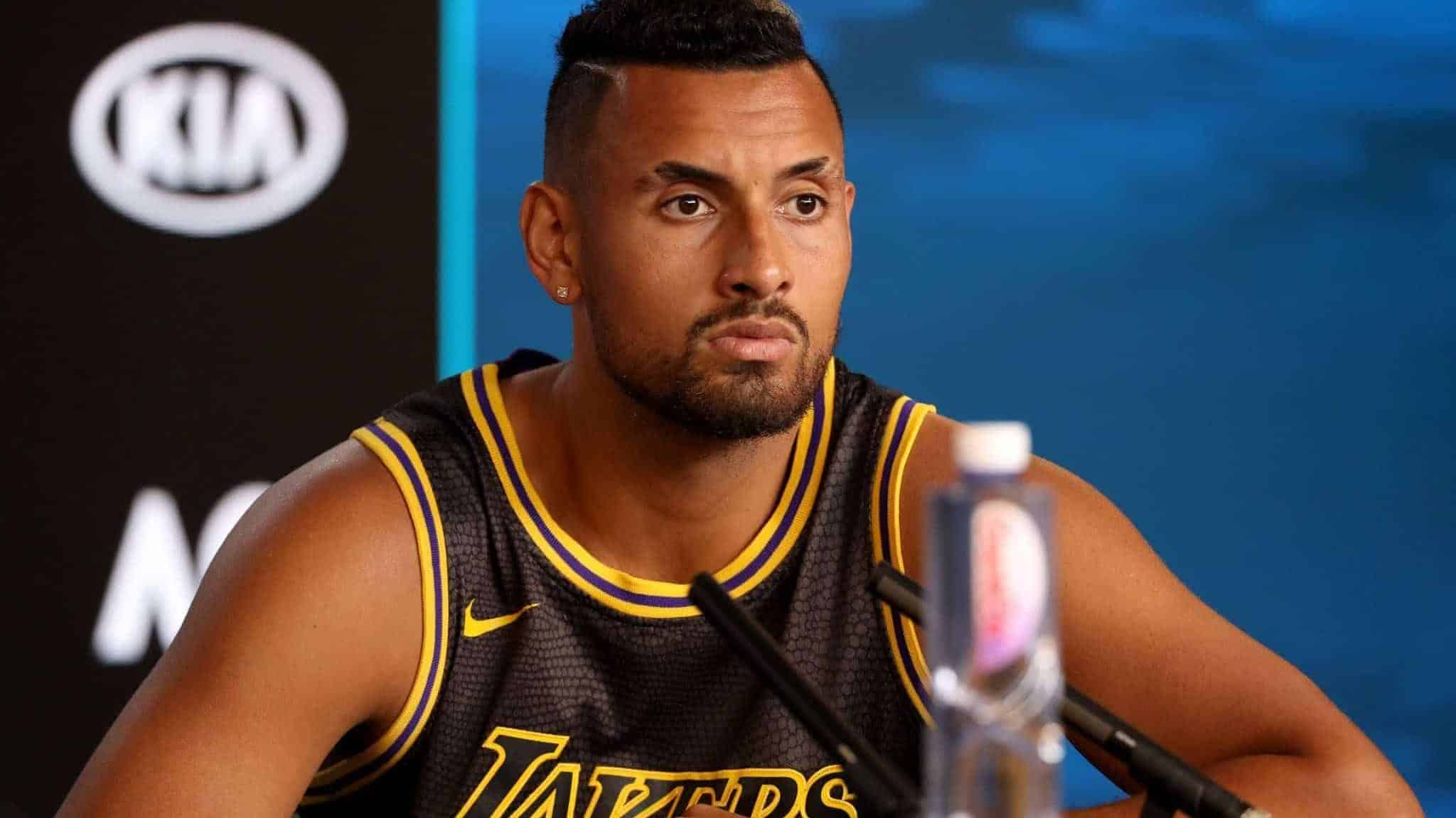 MELBOURNE, AUSTRALIA - JANUARY 27: Nick Kyrgios of Australia speaks at his post match press conference on day eight of the 2020 Australian Open at Melbourne Park on January 27, 2020 in Melbourne, Australia.