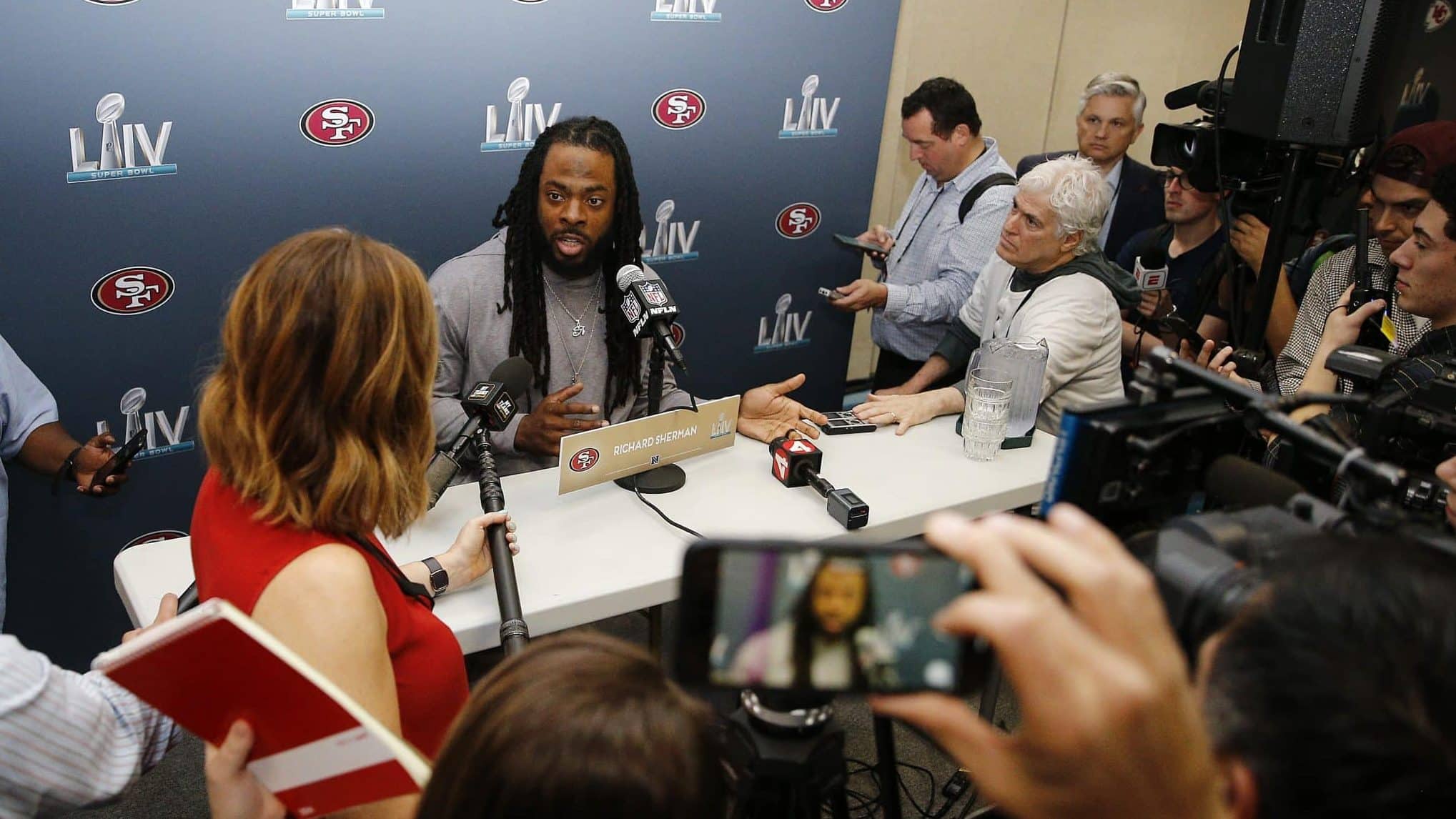 MIAMI, FLORIDA - JANUARY 28: Richard Sherman #25 of the San Francisco 49ers speaks to the media during the San Francisco 49ers media availability prior to Super Bowl LIV at the James L. Knight Center on January 28, 2020 in Miami, Florida.