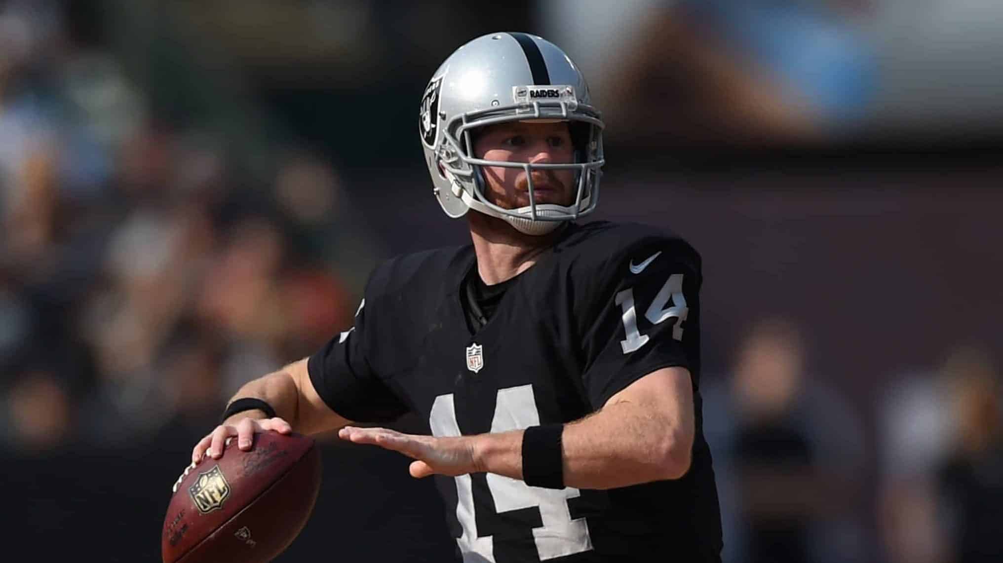 OAKLAND, CA - SEPTEMBER 13: Matt McGloin #14 of the Oakland Raiders looks to pass against the Cincinnati Bengals during the second half of their NFL game at O.co Coliseum on September 13, 2015 in Oakland, California.