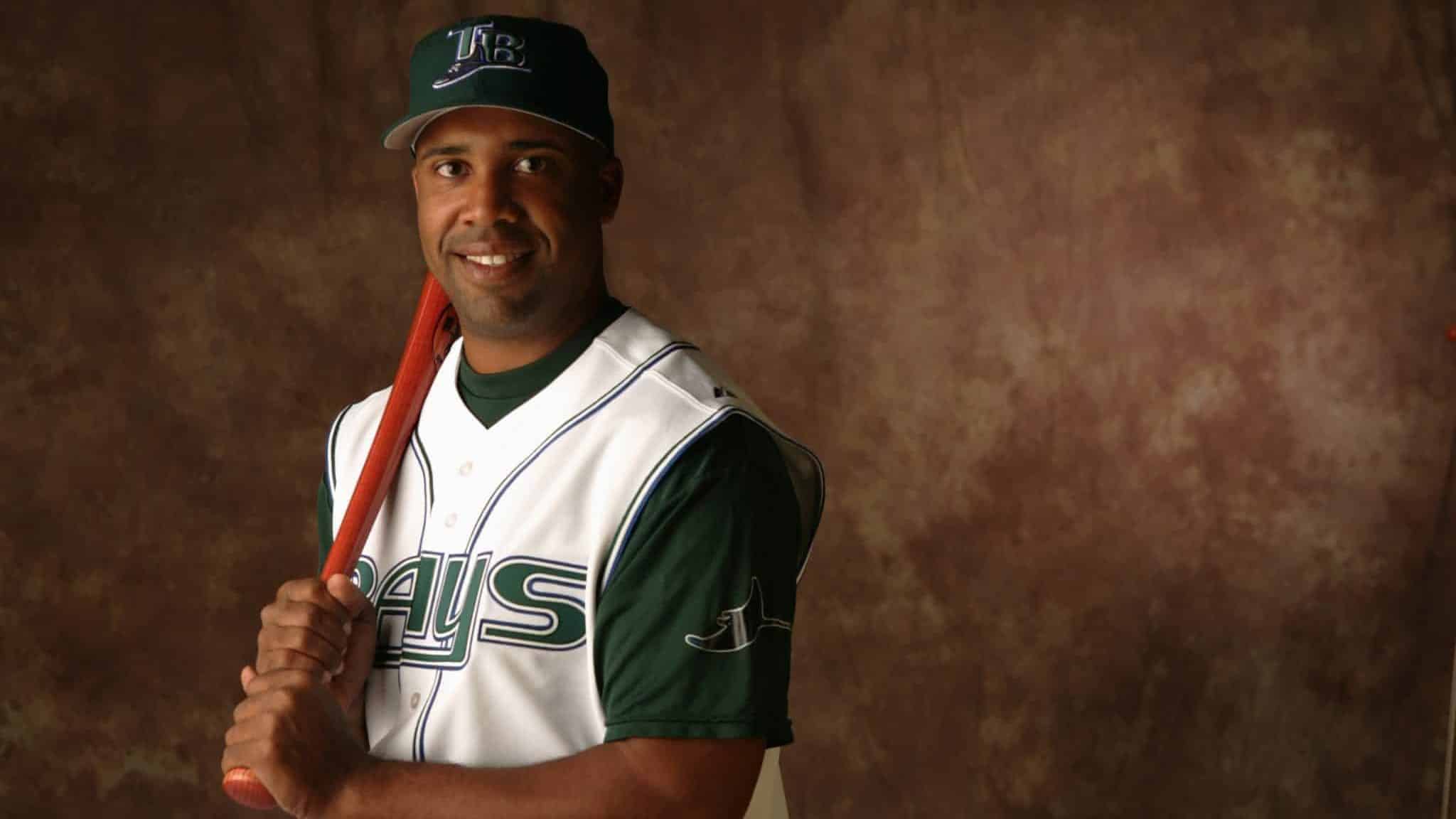 ST.PETERSBURG, FL - MARCH 1: Eduardo Perez #33 of the Tampa Bay Devil Rays poses for a portrait during Devil Rays Photo Day at the Raymond A. Naimoli Baseball Complex on March 1, 2005 in St. Petersburg , Fl.