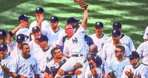 18 Jul 1999: Pitcher David Cone #36 of the New York Yankees is being carried by his teammates after the game against the Montreal Expos at the Yankee Stadium in the Bronx, New York. David Cone pitched a perfect game to allow the Yankees to defeat the Expos 6-0.