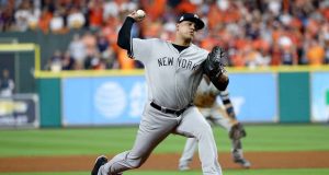 HOUSTON, TX - OCTOBER 20: Dellin Betances #68 of the New York Yankees throws a pitch against the Houston Astros during the eighth inning in Game Six of the American League Championship Series at Minute Maid Park on October 20, 2017 in Houston, Texas.