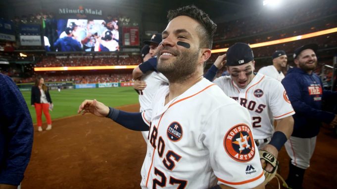 HOUSTON, TX - OCTOBER 21: Jose Altuve #27 of the Houston Astros celebrates after defeating the New York Yankees by a score of 4-0 to win Game Seven of the American League Championship Series at Minute Maid Park on October 21, 2017 in Houston, Texas. The Houston Astros advance to face the Los Angeles Dodgers in the World Series.