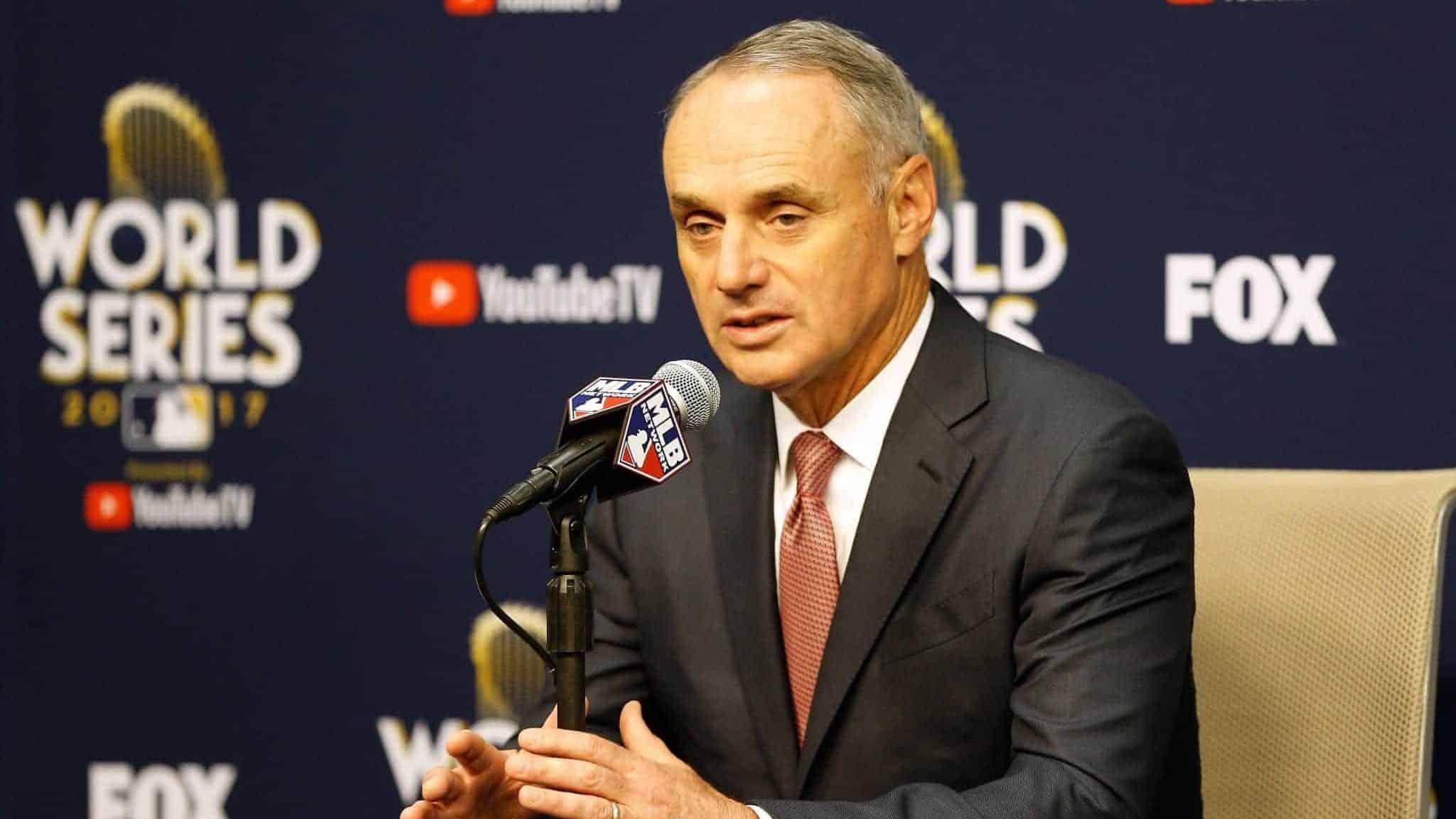 HOUSTON, TX - OCTOBER 28: Major League Baseball Commissioner Robert D. Manfred Jr. speaks to the media during a press conference prior to game four of the 2017 World Series between the Houston Astros and the Los Angeles Dodgers at Minute Maid Park on October 28, 2017 in Houston, Texas.