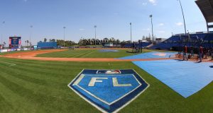 PORT ST. LUCIE, FL - MARCH 06: The Grapefruit League logo on the third base line before a spring training game between the Houston Astros and New York Mets at First Data Field on March 6, 2018 in Port St. Lucie, Florida.
