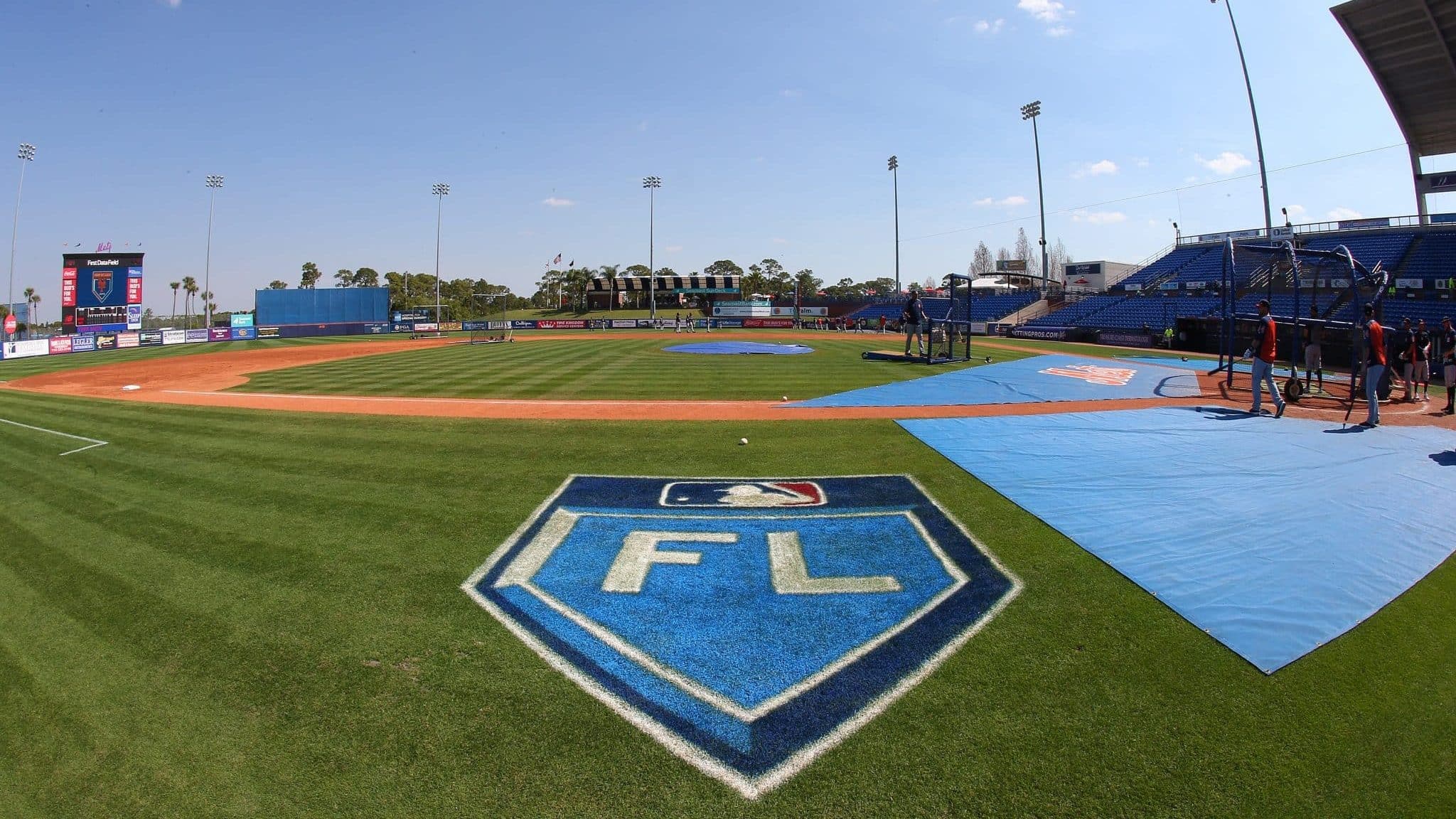 PORT ST. LUCIE, FL - MARCH 06: The Grapefruit League logo on the third base line before a spring training game between the Houston Astros and New York Mets at First Data Field on March 6, 2018 in Port St. Lucie, Florida.