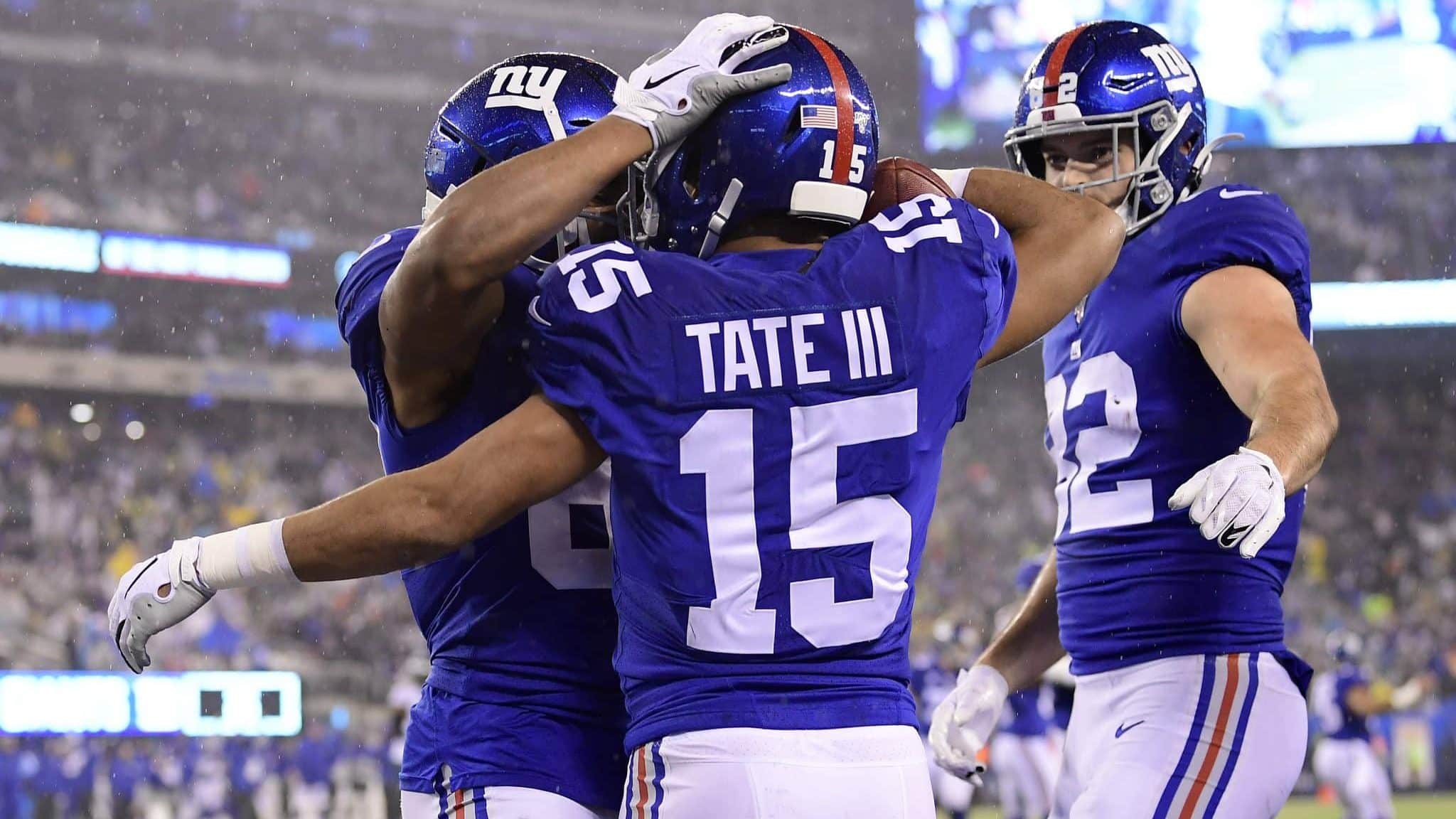 EAST RUTHERFORD, NEW JERSEY - DECEMBER 29: Golden Tate #15 of the New York Giants celebrates with his teammates after scoring a touchdown against the Philadelphia Eagles during the third quarter in the game at MetLife Stadium on December 29, 2019 in East Rutherford, New Jersey.