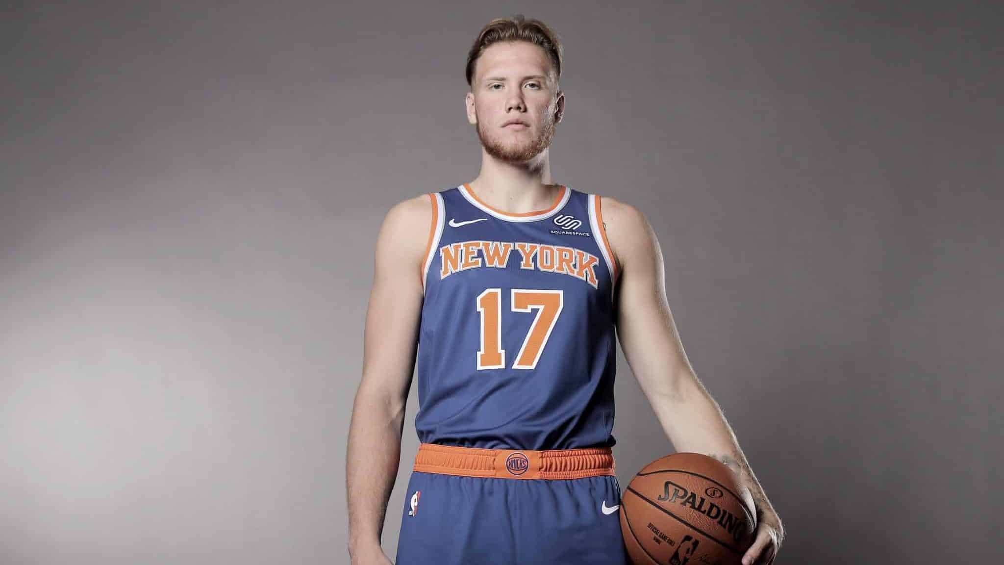 MADISON, NEW JERSEY - AUGUST 11: (EDITOR'S NOTE: SATURATIOIN WAS REMOVED FROM THIS IMAGE) Ignas Brazdeikis of the New York Knicks poses for a portrait during the 2019 NBA Rookie Photo Shoot on August 11, 2019 at the Ferguson Recreation Center in Madison, New Jersey.