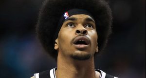 CHARLOTTE, NORTH CAROLINA - DECEMBER 06: Jarrett Allen #31 of the Brooklyn Nets watches on against the Charlotte Hornets during their game at Spectrum Center on December 06, 2019 in Charlotte, North Carolina.