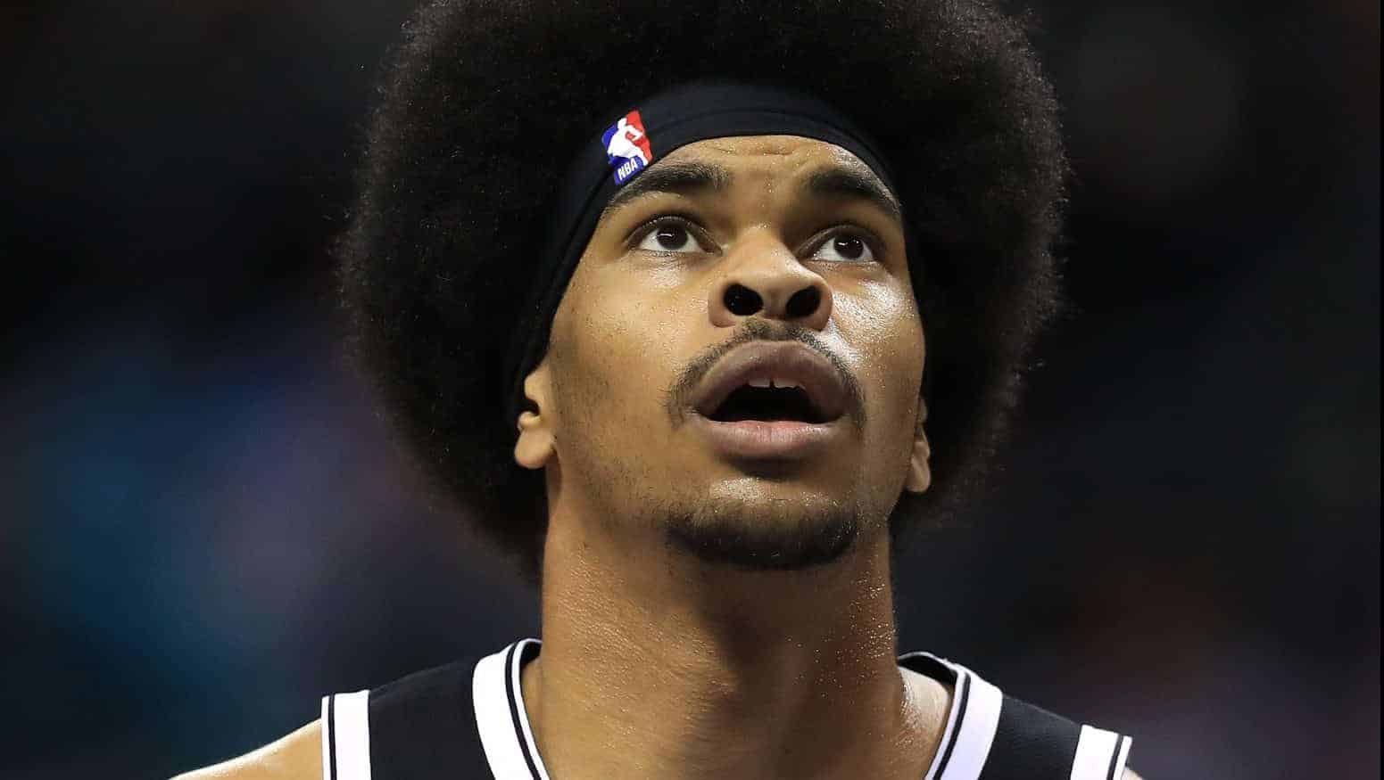 CHARLOTTE, NORTH CAROLINA - DECEMBER 06: Jarrett Allen #31 of the Brooklyn Nets watches on against the Charlotte Hornets during their game at Spectrum Center on December 06, 2019 in Charlotte, North Carolina.