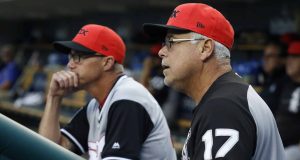DETROIT, MI - AUGUST 24: Manager Rick Renteria #17 of the Chicago White Sox watches the game against the Detroit Tigers with bench coach Joe McEwing #47 of the Chicago White Sox during the second inning at Comerica Park on August 24, 2018 in Detroit, Michigan. The teams are wearing their Players Weekend jerseys and hats.