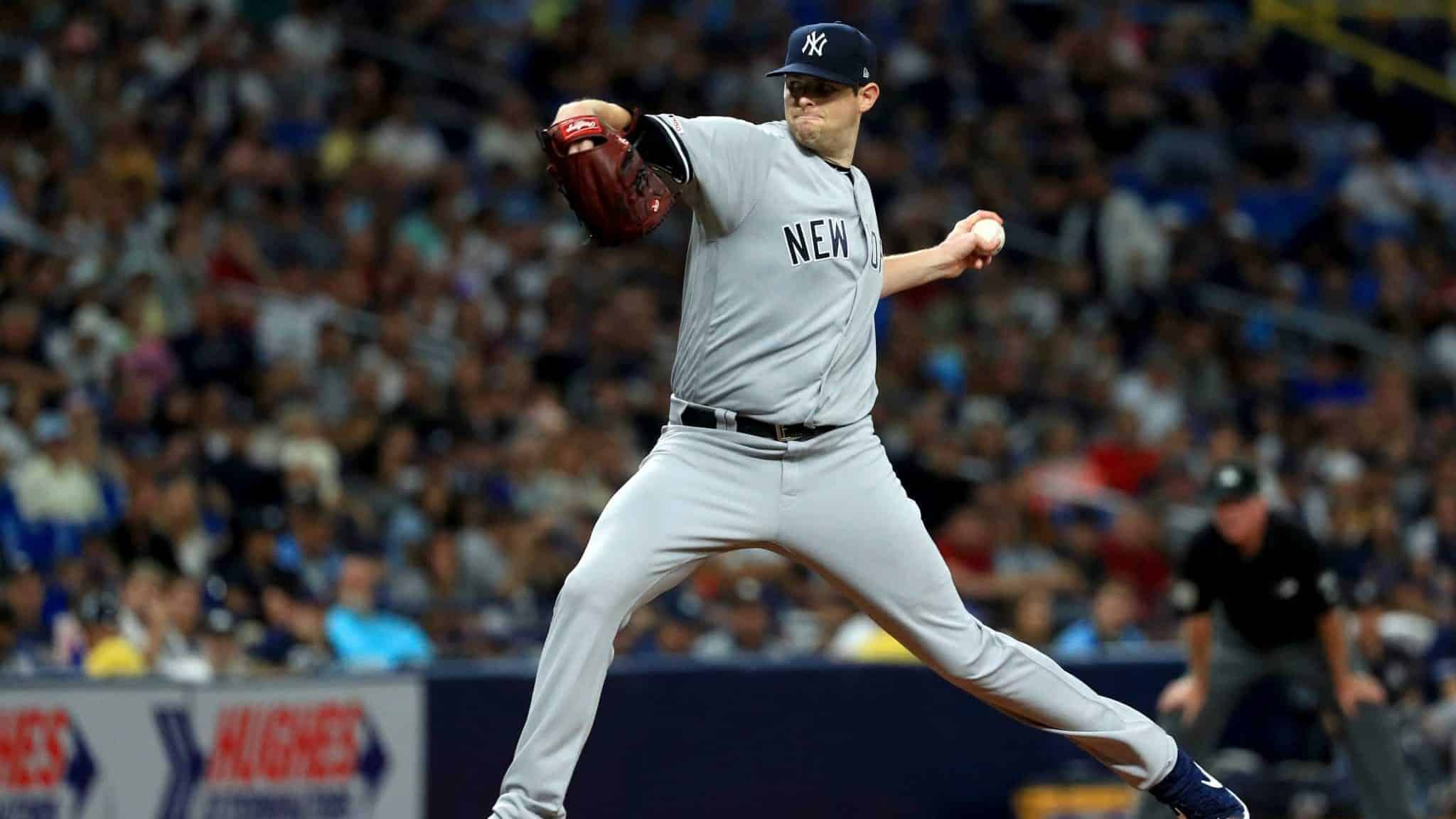 ST PETERSBURG, FLORIDA - SEPTEMBER 24: Jordan Montgomery #47 of the New York Yankees pitches during a game against the Tampa Bay Rays at Tropicana Field on September 24, 2019 in St Petersburg, Florida.