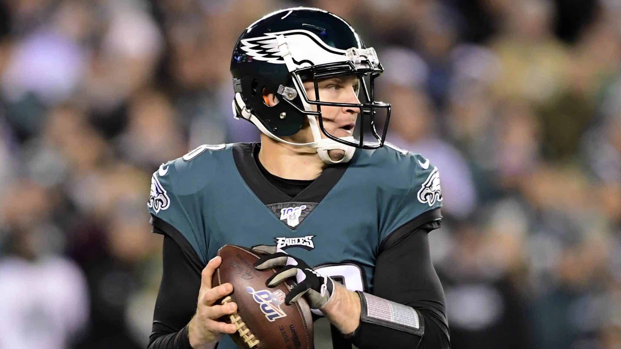 PHILADELPHIA, PENNSYLVANIA - JANUARY 05: Quarterback Josh McCown #18 of the Philadelphia Eagles drops back to pass against the defense of the Seattle Seahawks during the NFC Wild Card Playoff game at Lincoln Financial Field on January 05, 2020 in Philadelphia, Pennsylvania.