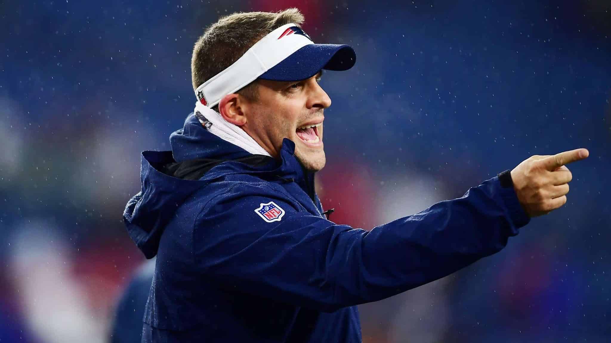 FOXBOROUGH, MASSACHUSETTS - NOVEMBER 24: New England Patriots offensive coordinator Josh McDaniels reacts before the game against the Dallas Cowboys at Gillette Stadium on November 24, 2019 in Foxborough, Massachusetts.