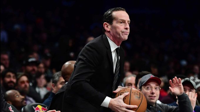 NEW YORK, NEW YORK - DECEMBER 11: Brooklyn Nets head coach Kenny Atkinson reacts as a ball falls in his lap during their game against the Charlotte Hornets at Barclays Center on December 11, 2019 in New York City. NOTE TO USER: User expressly acknowledges and agrees that, by downloading and or using this photograph, User is consenting to the terms and conditions of the Getty Images License Agreement.