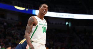 SAN JOSE, CALIFORNIA - MARCH 24: Kenny Wooten #14 of the Oregon Ducks celebrates late in the second half against the UC Irvine Anteaters during the second round of the 2019 NCAA Men's Basketball Tournament at SAP Center on March 24, 2019 in San Jose, California.