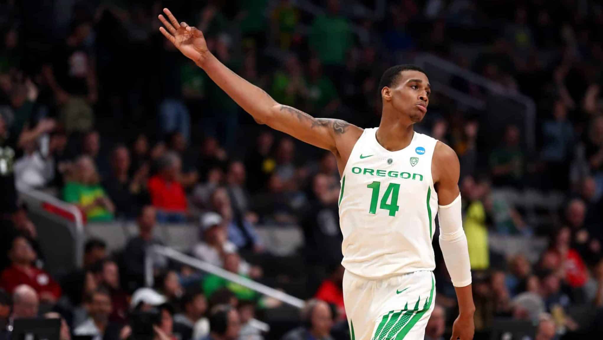 SAN JOSE, CALIFORNIA - MARCH 24: Kenny Wooten #14 of the Oregon Ducks celebrates after a play in the second half against the UC Irvine Anteaters during the second round of the 2019 NCAA Men's Basketball Tournament at SAP Center on March 24, 2019 in San Jose, California.