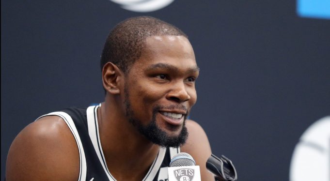 NEW YORK, NEW YORK - SEPTEMBER 27: Kevin Durant #7 of the Brooklyn Nets speaks to media during Brooklyn Nets Media Day at HSS Training Center on September 27, 2019 in the Brooklyn Borough of New York City. NOTE TO USER: User expressly acknowledges and agrees that, by downloading and or using this photograph, User is consenting to the terms and conditions of the Getty Images License Agreement.