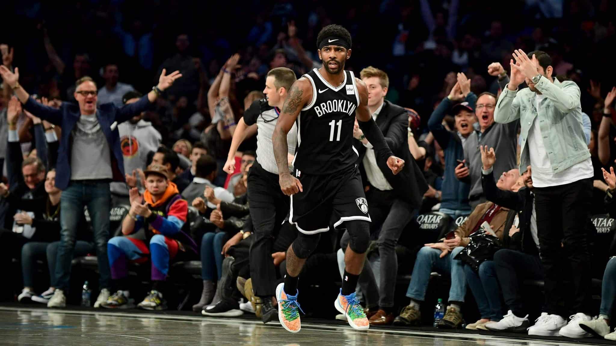 NEW YORK, NEW YORK - OCTOBER 23: Kyrie Irving #11 of the Brooklyn Nets reacts during the second half of their game against the Minnesota Timberwolves at Barclays Center on October 23, 2019 in the Brooklyn borough of New York City. NOTE TO USER: User expressly acknowledges and agrees that, by downloading and or using this photograph, User is consenting to the terms and conditions of the Getty Images License Agreement.